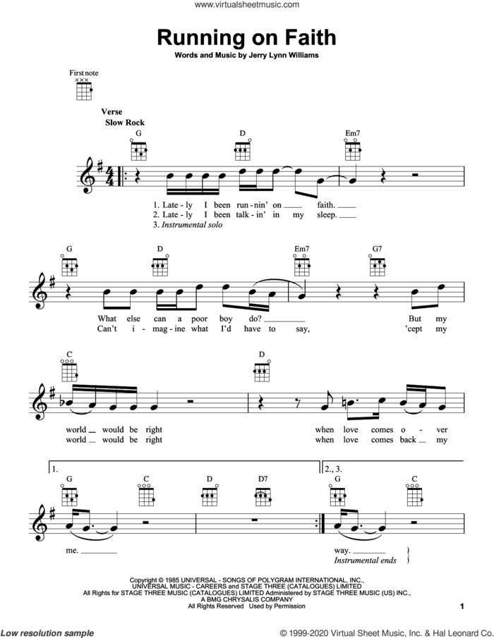 Running On Faith sheet music for ukulele by Eric Clapton and Jerry Lynn Williams, intermediate skill level