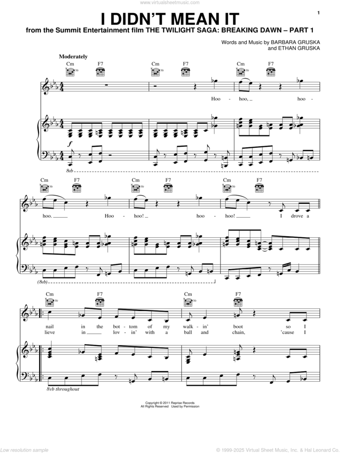 I Didn't Mean It (from The Twilight Saga: Breaking Dawn, Part 1) sheet music for voice, piano or guitar by The Belle Brigade, Barbara Gruska and Ethan Gruska, intermediate skill level