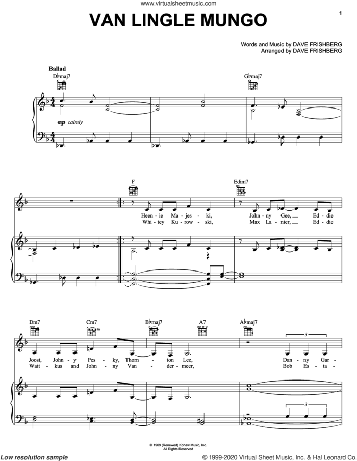 Van Lingle Mungo sheet music for voice, piano or guitar by Dave Frishberg, intermediate skill level