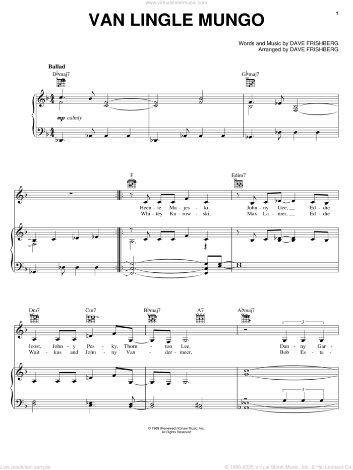 Van Lingle Mungo sheet music for voice, piano or guitar by Dave Frishberg, intermediate skill level