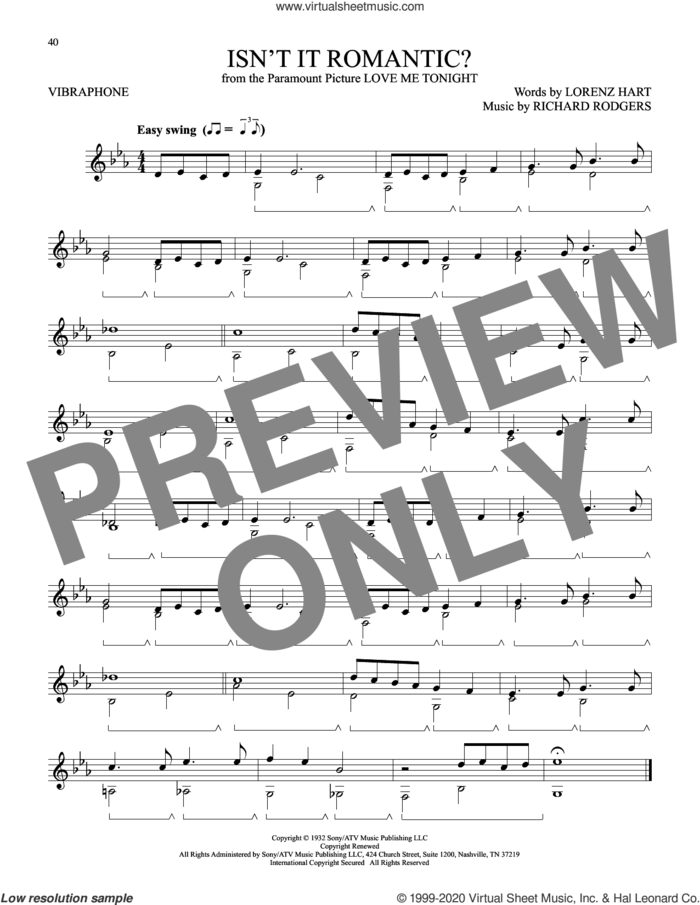 Isn't It Romantic? (from Love Me Tonight) sheet music for Vibraphone Solo by Richard Rodgers, Lorenz Hart and Rodgers & Hart, intermediate skill level