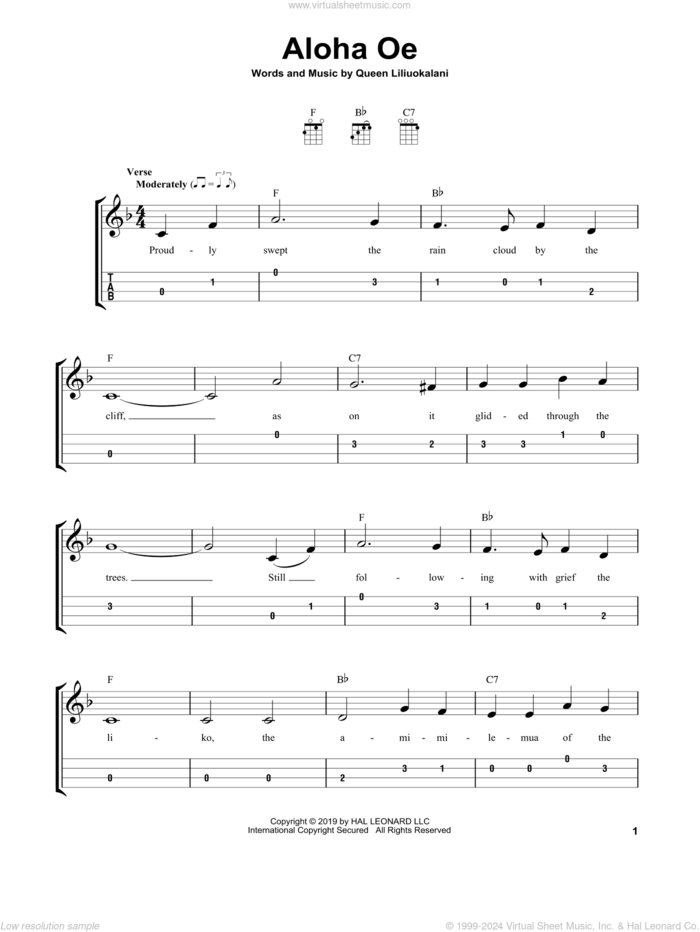 Aloha Oe sheet music for ukulele (easy tablature) (ukulele easy tab) by Queen Liliuokalani, intermediate skill level