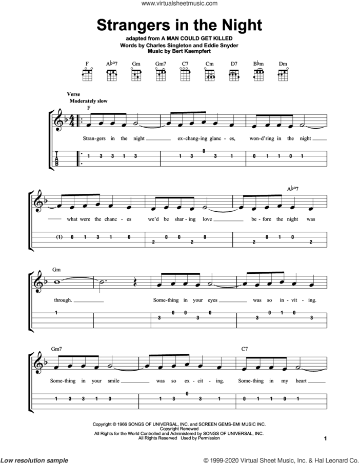 Strangers In The Night sheet music for ukulele (easy tablature) (ukulele easy tab) by Frank Sinatra, Bert Kaempfert, Charles Singleton and Eddie Snyder, intermediate skill level