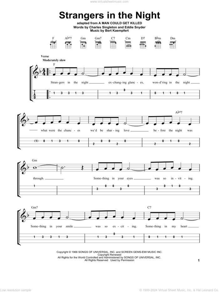 Strangers In The Night sheet music for ukulele (easy tablature) (ukulele easy tab) by Frank Sinatra, Bert Kaempfert, Charles Singleton and Eddie Snyder, intermediate skill level