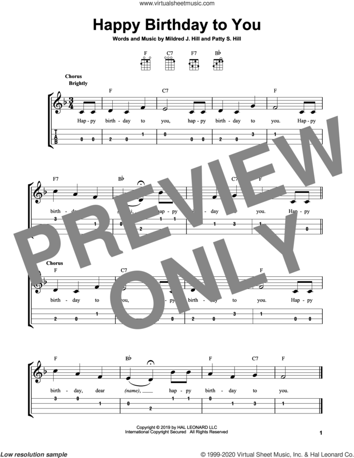 Happy Birthday To You sheet music for ukulele (easy tablature) (ukulele easy tab) by Patty Smith Hill, Mildred J. Hill and Mildred J. Hill & Patty S. Hill, intermediate skill level