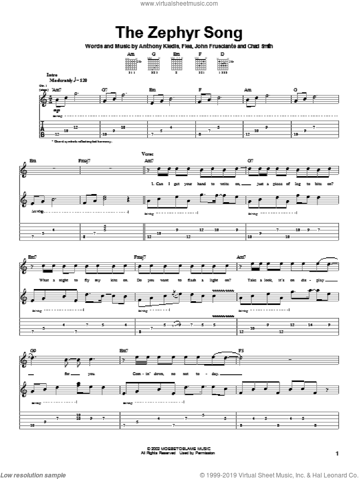 The Zephyr Song sheet music for guitar (tablature) by Red Hot Chili Peppers, Anthony Kiedis, Flea and John Frusciante, intermediate skill level