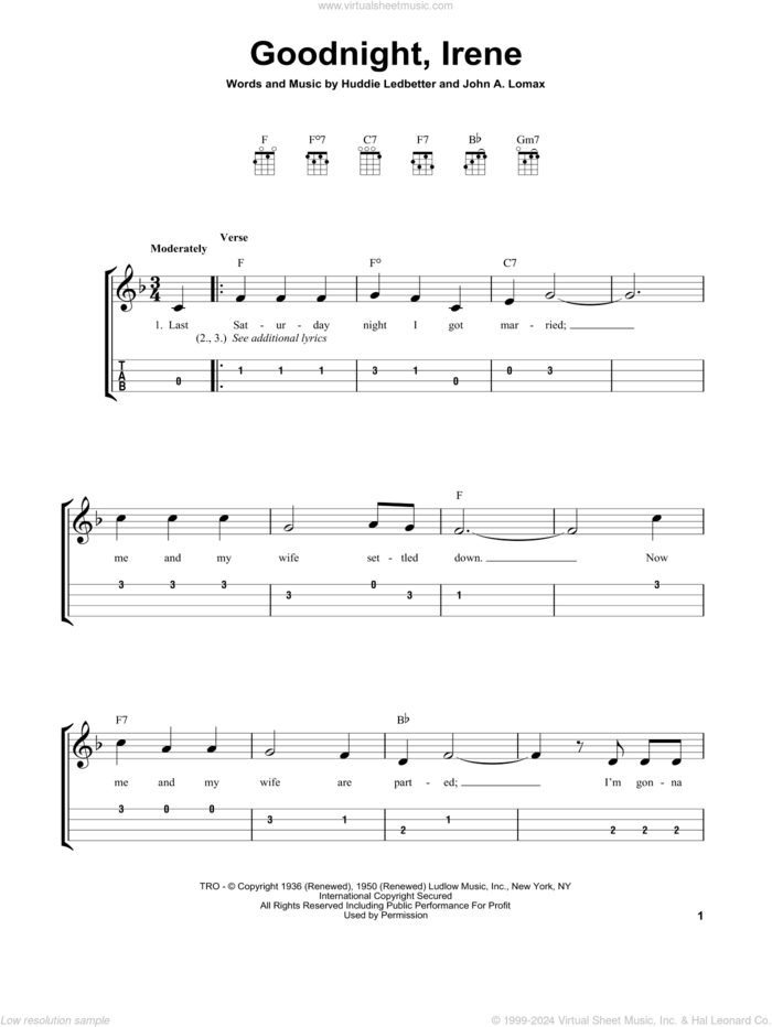 Goodnight, Irene sheet music for ukulele (easy tablature) (ukulele easy tab) by Peter, Paul & Mary, Huddie Ledbetter and John A. Lomax, intermediate skill level