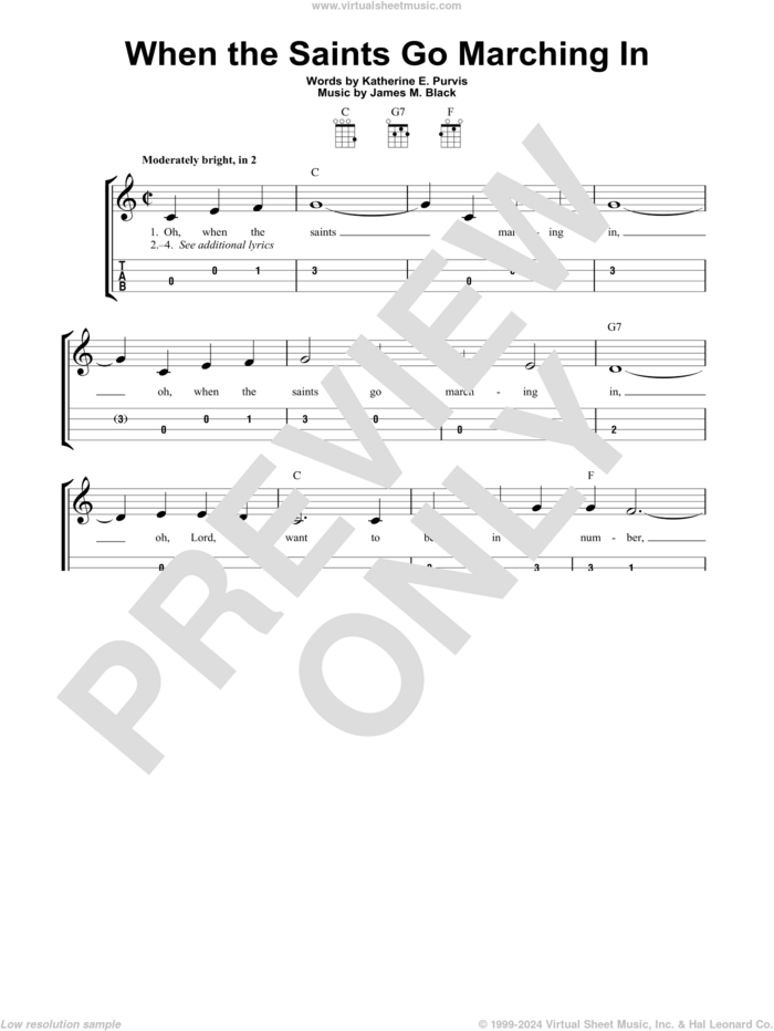 When The Saints Go Marching In sheet music for ukulele (easy tablature) (ukulele easy tab) by Louis Armstrong, James M. Black and Katherine E. Purvis, intermediate skill level