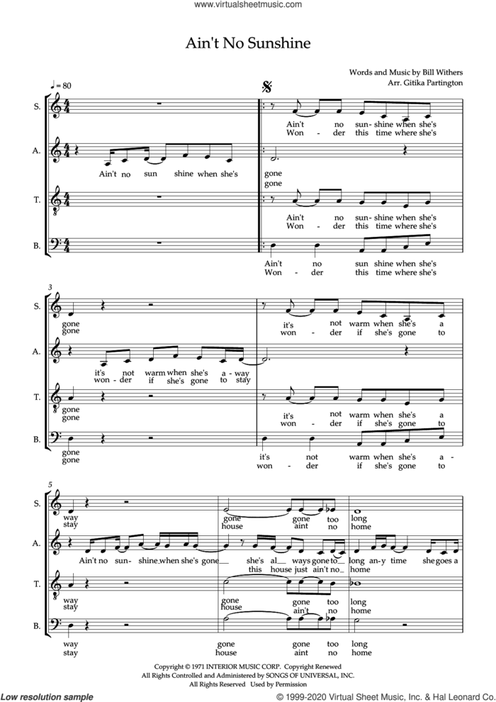 Ain't No Sunshine (arr. Gitika Partington) sheet music for choir (SATB: soprano, alto, tenor, bass) by Bill Withers and Gitika Partington, intermediate skill level