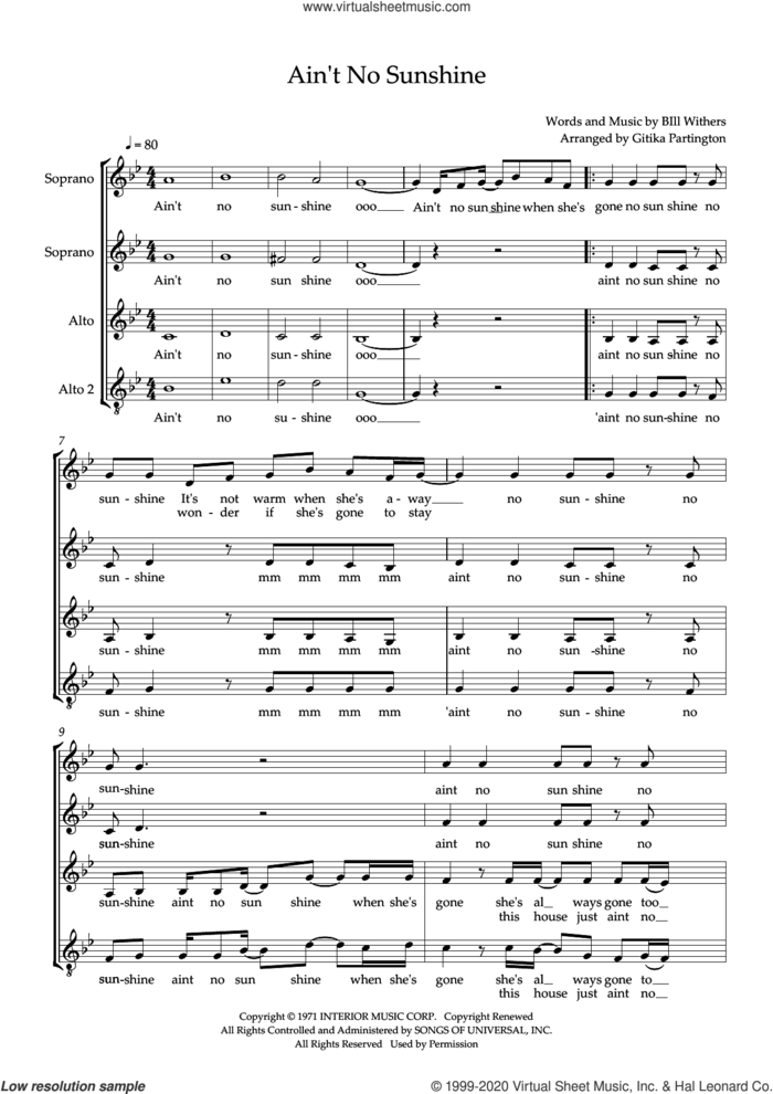Ain't No Sunshine (arr. Gitika Partington) sheet music for choir (SSAA: soprano, alto) by Bill Withers and Gitika Partington, intermediate skill level