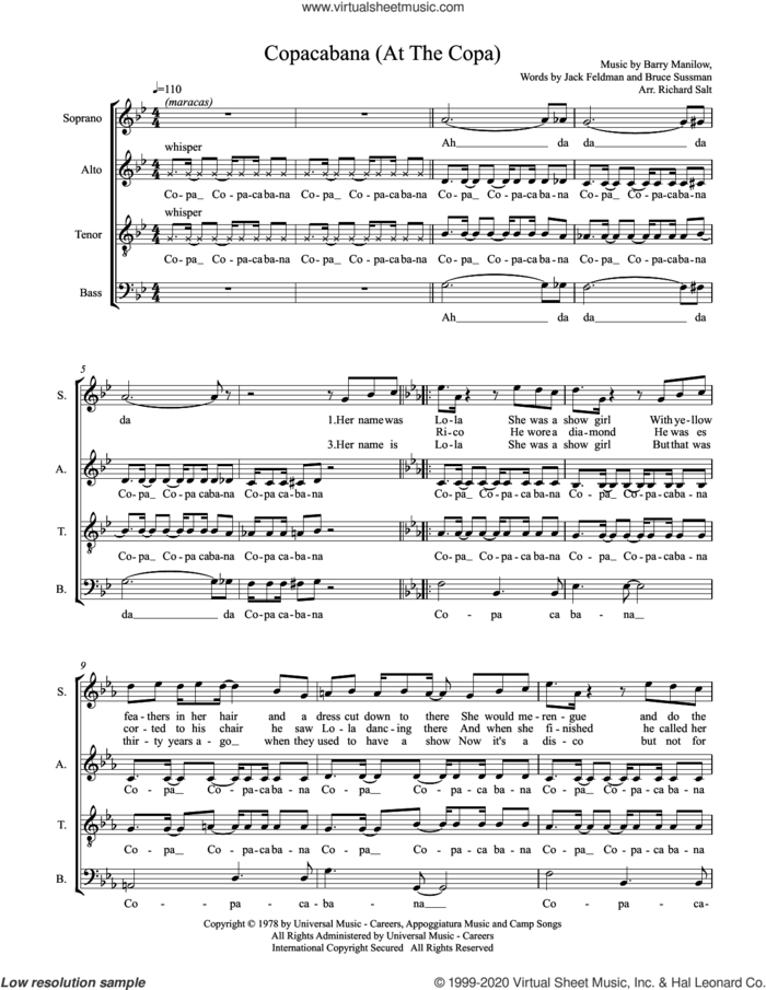 Copacabana (at The Copa) (arr. Richard Salt) sheet music for choir (SAATBB) by Barry Manilow, Richard Salt, Bruce Sussman and Jack Feldman, intermediate skill level