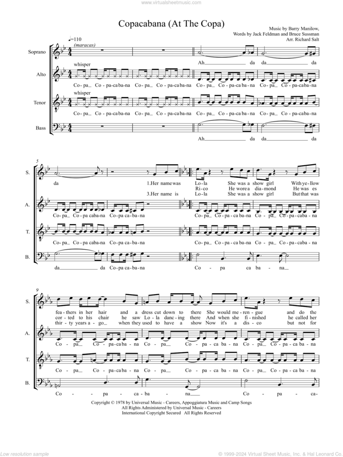 Copacabana (at The Copa) (arr. Richard Salt) sheet music for choir (SAATBB) by Barry Manilow, Richard Salt, Bruce Sussman and Jack Feldman, intermediate skill level