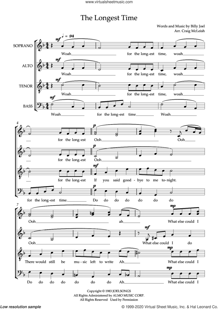 The Longest Time (arr. Craig McLeish) sheet music for choir (SSATB) by Billy Joel and Craig McLeish, intermediate skill level