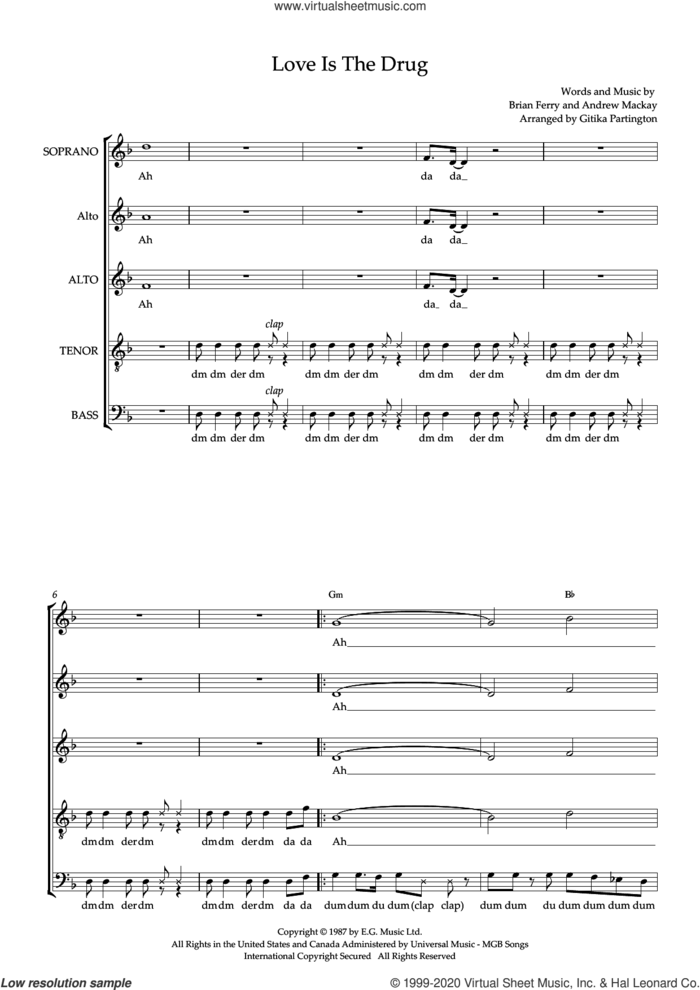 Love Is The Drug (arr. Gitika Partington) sheet music for choir (SAATB) by Roxy Music, Gitika Partington, Andy Mackay and Bryan Ferry, intermediate skill level