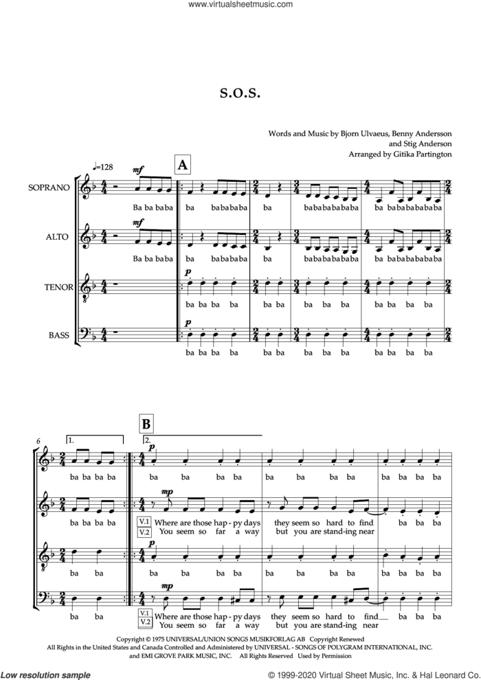 S.O.S. (arr. Gitika Partington) sheet music for choir (SATB: soprano, alto, tenor, bass) by ABBA, Gitika Partington, Benny Andersson, Bjorn Ulvaeus and Stig Anderson, intermediate skill level