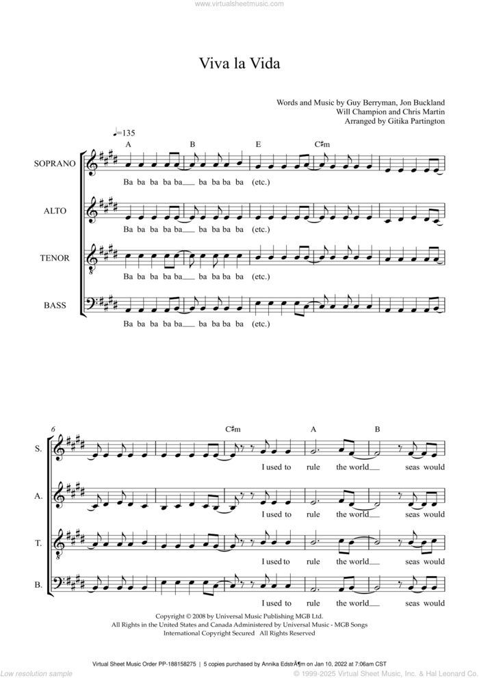 Viva La Vida (arr. Gitika Partington) sheet music for choir (SATB: soprano, alto, tenor, bass) by Coldplay, Gitika Partington, Chris Martin, Guy Berryman, Jon Buckland and Will Champion, intermediate skill level