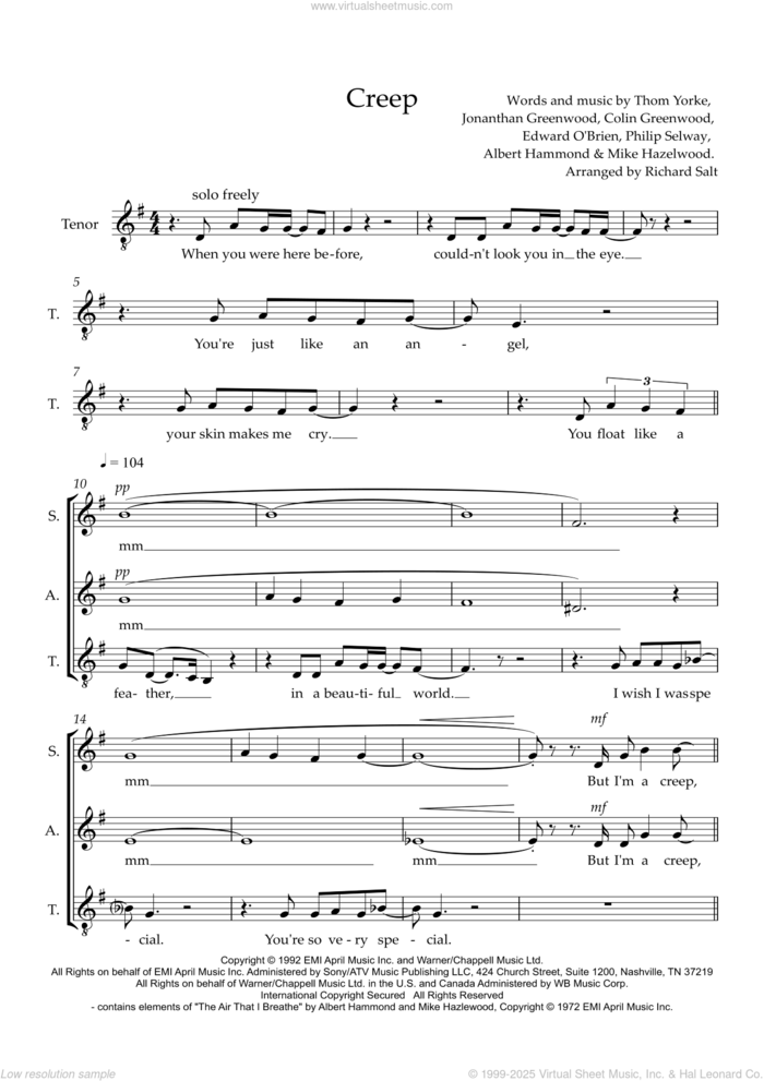 Creep (arr. Richard Salt) sheet music for choir (SSAATTBB) by Radiohead, Richard Salt, Albert Hammond, Colin Greenwood, Jonathan Greenwood, Michael Hazlewood, Philip Selway and Thom Yorke, intermediate skill level