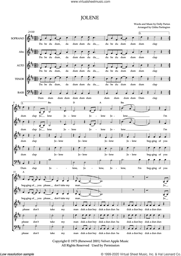 Jolene (arr. Gitika Partington) sheet music for choir (SAATB) by Dolly Parton and Gitika Partington, intermediate skill level
