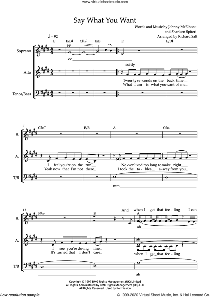 Say What You Want (arr. Richard Salt) sheet music for choir (SSAATB) by Texas, Richard Salt, John McElhone and Sharleen Spiteri, intermediate skill level