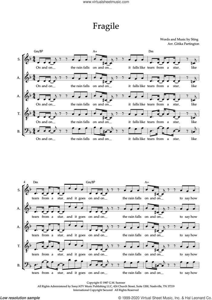 Fragile (arr. Gitika Partington) sheet music for choir (SAATB) by Sting and Gitika Partington, intermediate skill level