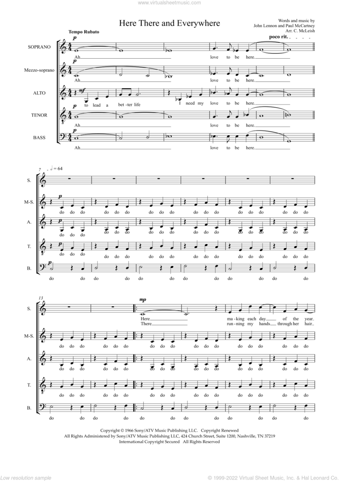 Here, There And Everywhere (arr. Craig McLeish) sheet music for choir (SSATB) by The Beatles, Craig McLeish, John Lennon and Paul McCartney, intermediate skill level