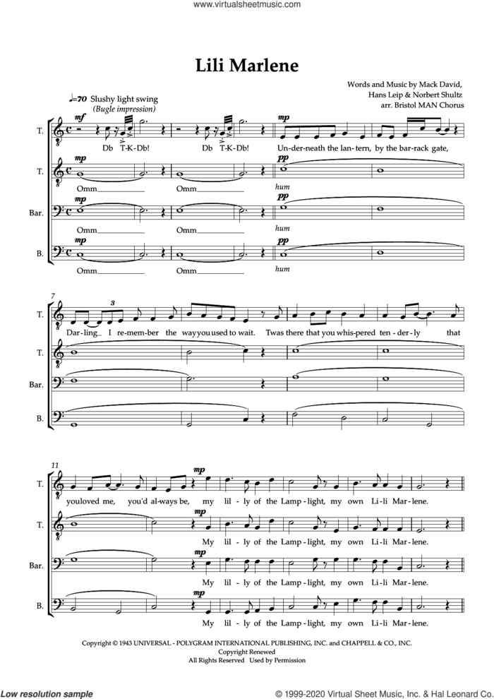 Lili Marlene (arr. Sam Burns) sheet music for choir (TTBB: tenor, bass) by Hans Leip, Sam Burns, Mack David and Norbert Schultze, intermediate skill level