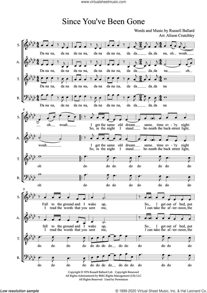 Since You've Been Gone (arr. Alison Crutchley) sheet music for choir (SATB: soprano, alto, tenor, bass) by Rainbow, Alison Crutchley and Russ Ballard, intermediate skill level