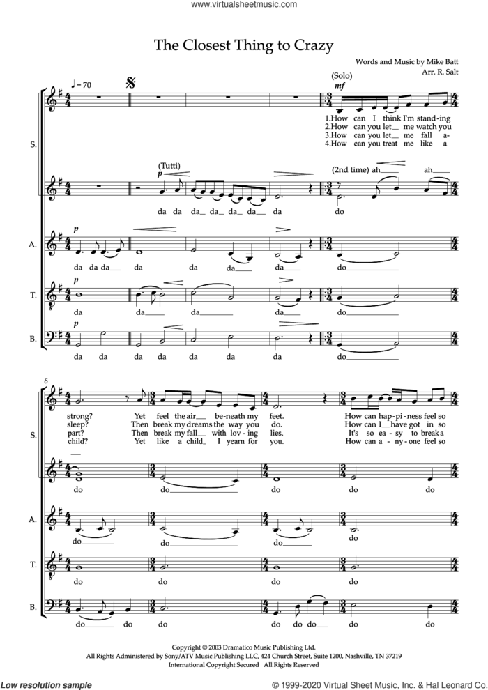 The Closest Thing To Crazy (arr. Richard Salt) sheet music for choir (SSATB) by Katie Melua, Richard Salt and Mike Batt, intermediate skill level