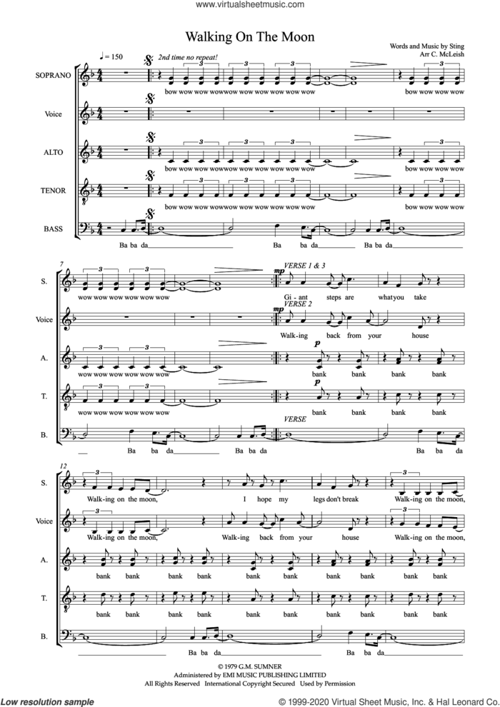 Walking on the Moon (arr. Craig McLeish) sheet music for choir (SSAATB) by The Police, Craig McLeish and Sting, intermediate skill level