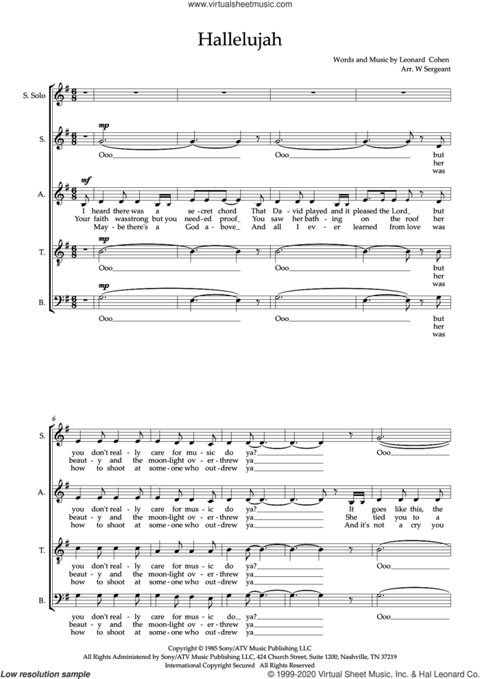 Hallelujah (arr. Wendy Sergeant) sheet music for choir (SATB: soprano, alto, tenor, bass) by Leonard Cohen and Wendy Sergeant, intermediate skill level