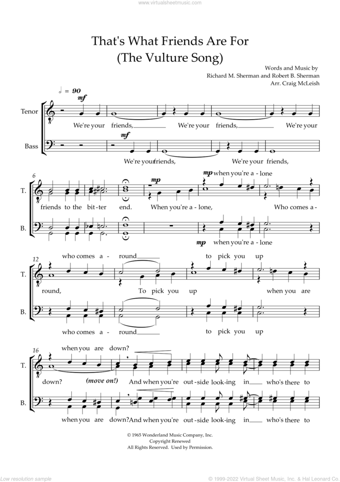 That's What Friends Are For (the Vulture Song) (arr. Craig McLeish) sheet music for choir (TTBB: tenor, bass) by Richard M. Sherman, Craig McLeish, Robert B. Sherman and Sherman Brothers, intermediate skill level