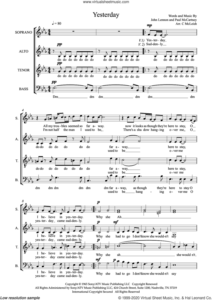 Yesterday (arr. Craig McLeish) sheet music for choir (SSATB) by The Beatles, Craig McLeish, John Lennon and Paul McCartney, intermediate skill level