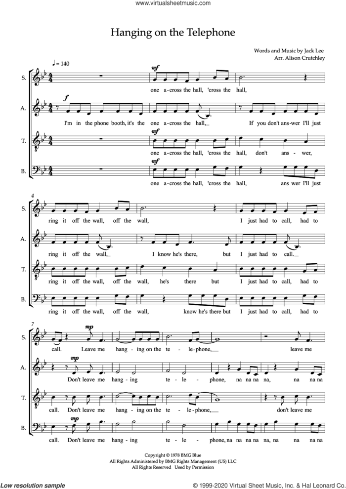 Hanging On The Telephone (arr. Alison Crutchley) sheet music for choir (SATB: soprano, alto, tenor, bass) by Blondie, Alison Crutchley and Jack Lee, intermediate skill level