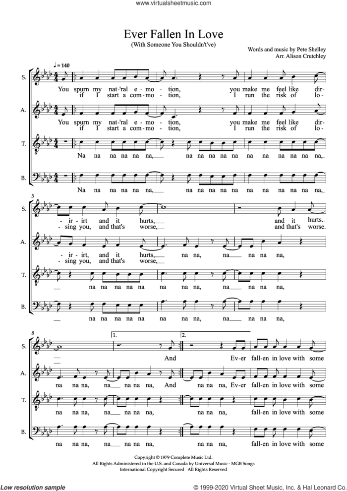 Ever Fallen In Love (arr. Alison Crutchley) sheet music for choir (SATB: soprano, alto, tenor, bass) by The Buzzcocks, Alison Crutchley and Pete Shelley, intermediate skill level