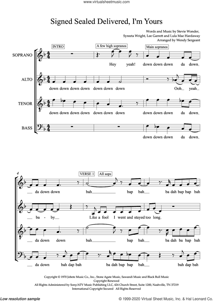 Signed, Sealed, Delivered I'm Yours (arr. Wendy Sergeant) sheet music for choir (SATB: soprano, alto, tenor, bass) by Stevie Wonder, Wendy Sergeant, Lee Garrett, Lula Mae Hardaway and Syreeta Wright, intermediate skill level
