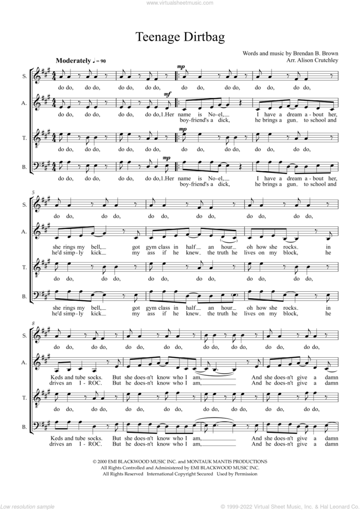 Teenage Dirtbag (arr. Alison Crutchley) sheet music for choir (SATB: soprano, alto, tenor, bass) by Wheatus, Alison Crutchley and Brendan B. Brown, intermediate skill level