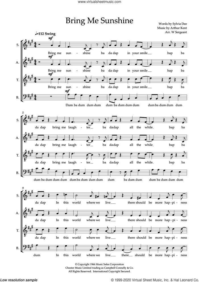 Bring Me Sunshine (arr. Wendy Sergeant) sheet music for choir (SATB: soprano, alto, tenor, bass) by Morcambe & Wise, Wendy Sergeant, Arthur Kent and Sylvia Dee, intermediate skill level