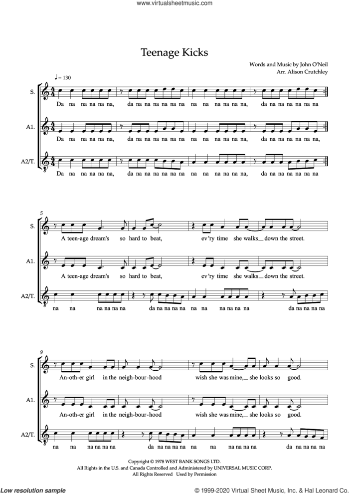 Teenage Kicks (arr. Alison Crutchley) sheet music for choir (SAA/SAT) by The Undertones and Alison Crutchley, intermediate skill level