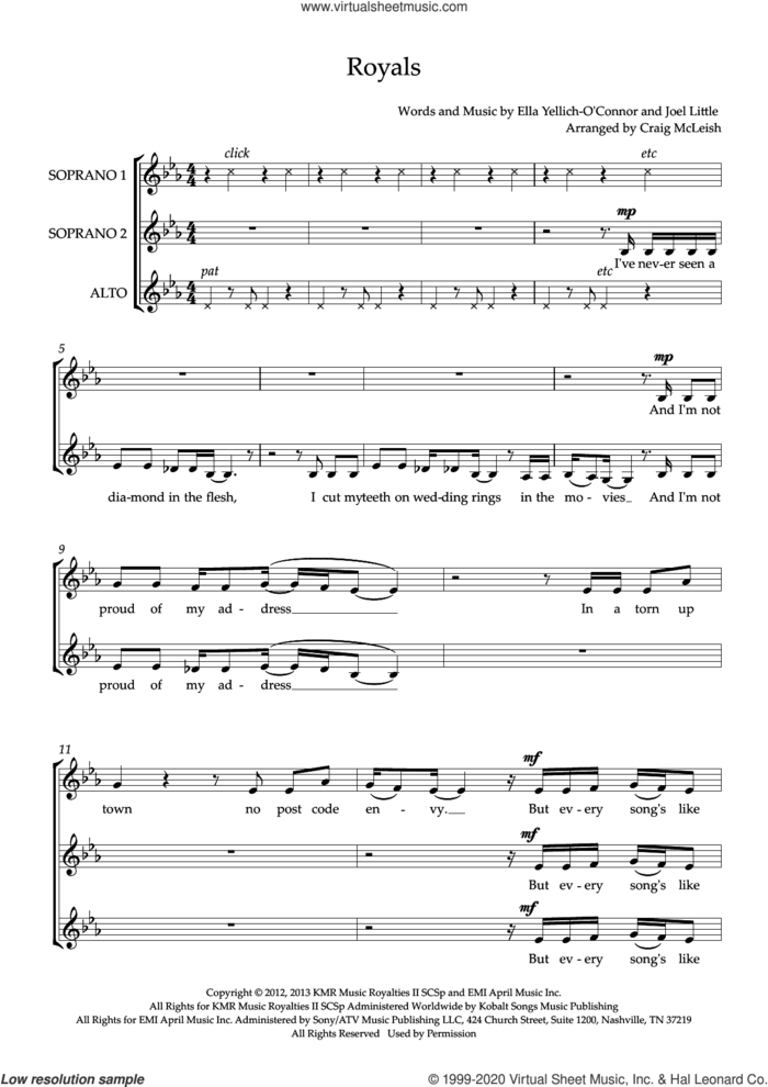 Royals (arr. Craig McLeish) sheet music for choir (SSA: soprano, alto) by Lorde, Craig McLeish and Joel Little, intermediate skill level