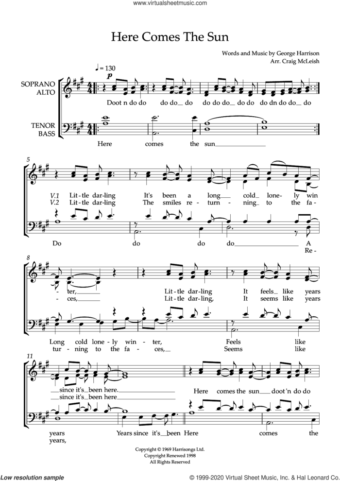 Here Comes The Sun (arr. Craig McLeish) sheet music for choir (SATB: soprano, alto, tenor, bass) by The Beatles, Craig McLeish and George Harrison, intermediate skill level