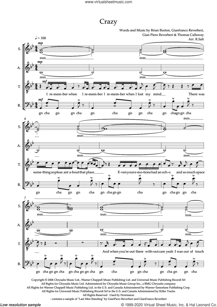 Crazy (arr. Richard Salt) sheet music for choir (SSAATBB) by Gnarls Barkley, Richard Salt, Brian Burton, Gianfranco Reverberi, GianPiero Reverberi and Thomas Callaway, intermediate skill level