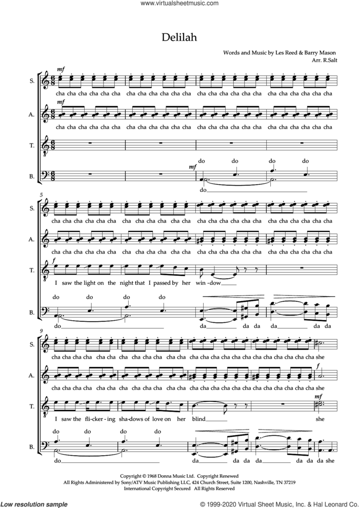 Delilah (arr. Richard Salt) sheet music for choir (SSAATTBB) by Tom Jones, Richard Salt, Barry Mason and Les Reed, intermediate skill level