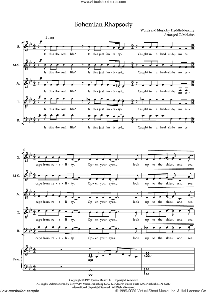 Bohemian Rhapsody (SSATB) (arr. Craig McLeish) (COMPLETE) sheet music for orchestra/band (SSATB) by Queen, Craig McLeish and Freddie Mercury, intermediate skill level