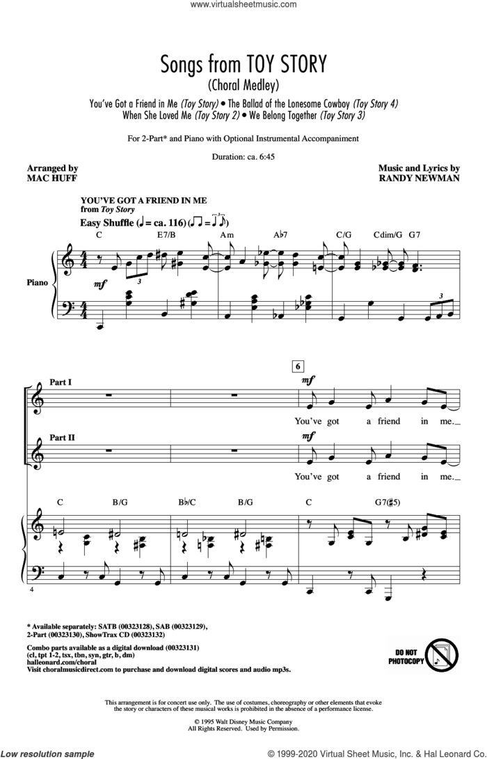 Songs from Toy Story (Choral Medley) (arr. Mac Huff) sheet music for choir (2-Part) by Randy Newman and Mac Huff, intermediate duet