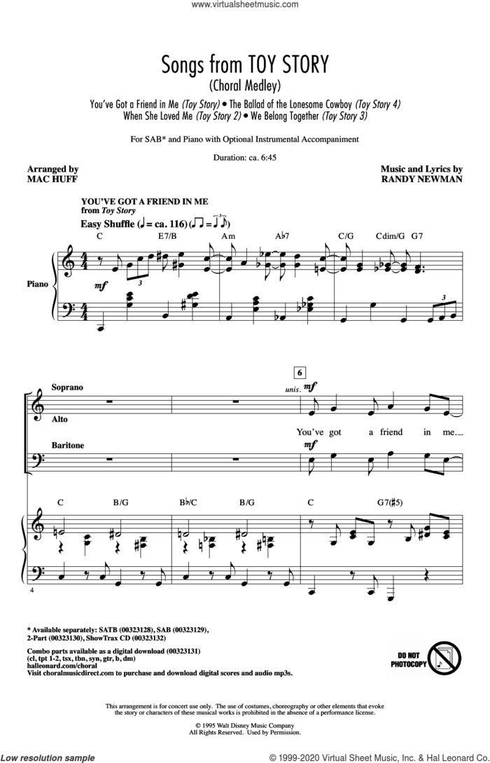 Songs from Toy Story (Choral Medley) (arr. Mac Huff) sheet music for choir (SAB: soprano, alto, bass) by Randy Newman and Mac Huff, intermediate skill level