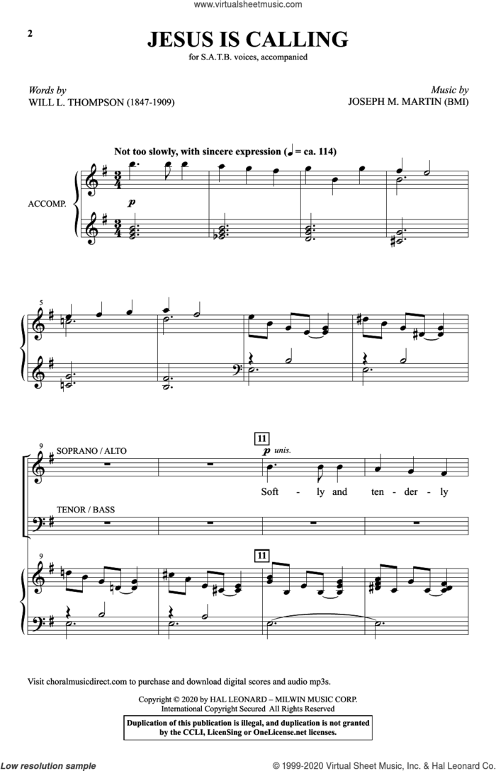 Jesus Is Calling sheet music for choir (SATB: soprano, alto, tenor, bass) by Joseph M. Martin, Will L. Thompson and Will L. Thompson and Joseph M. Martin, intermediate skill level