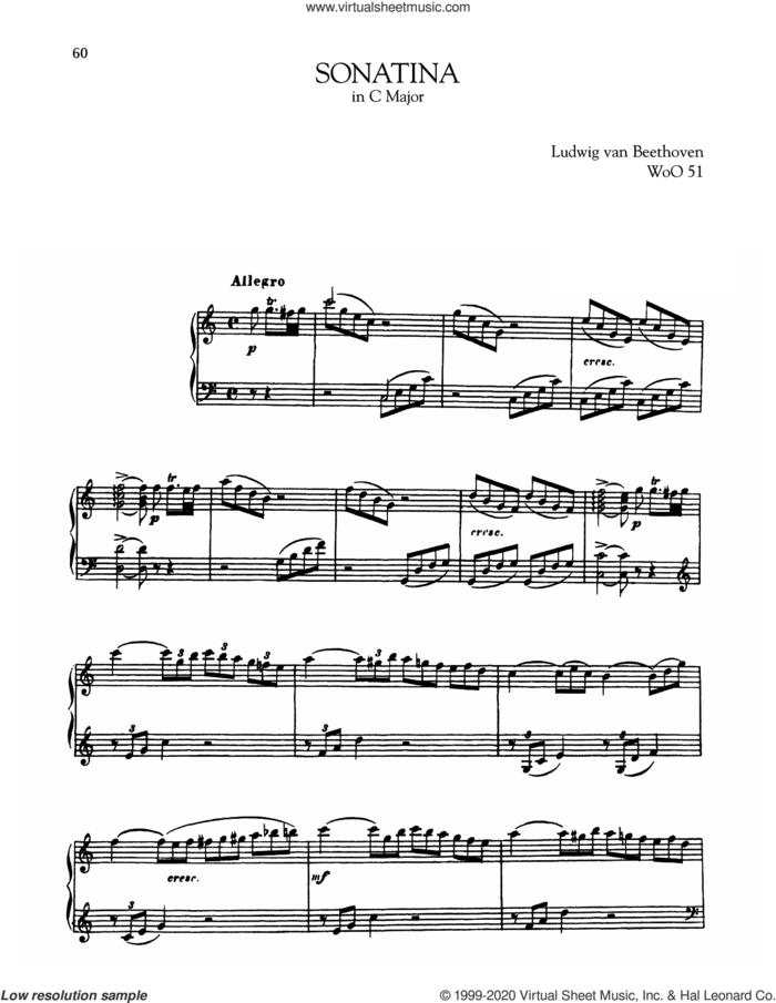Sonata In C Major, WoO 51 sheet music for piano solo by Ludwig van Beethoven, classical score, intermediate skill level