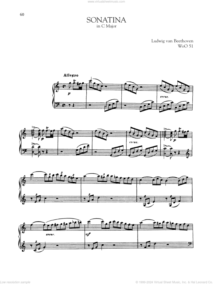 Sonata In C Major, WoO 51 sheet music for piano solo by Ludwig van Beethoven, classical score, intermediate skill level