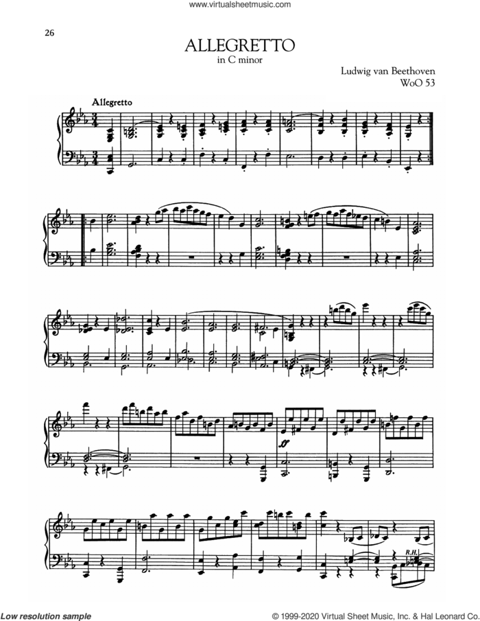 Allegretto, WoO 53 sheet music for piano solo by Ludwig van Beethoven, classical score, intermediate skill level