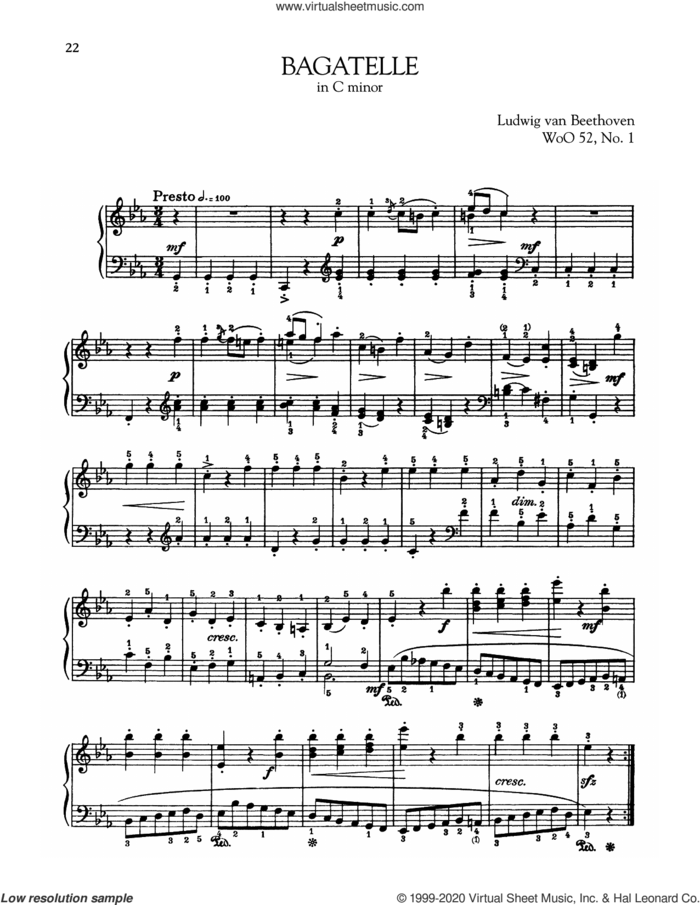 Bagatelle In C Minor, WoO 52 sheet music for piano solo by Ludwig van Beethoven, classical score, intermediate skill level